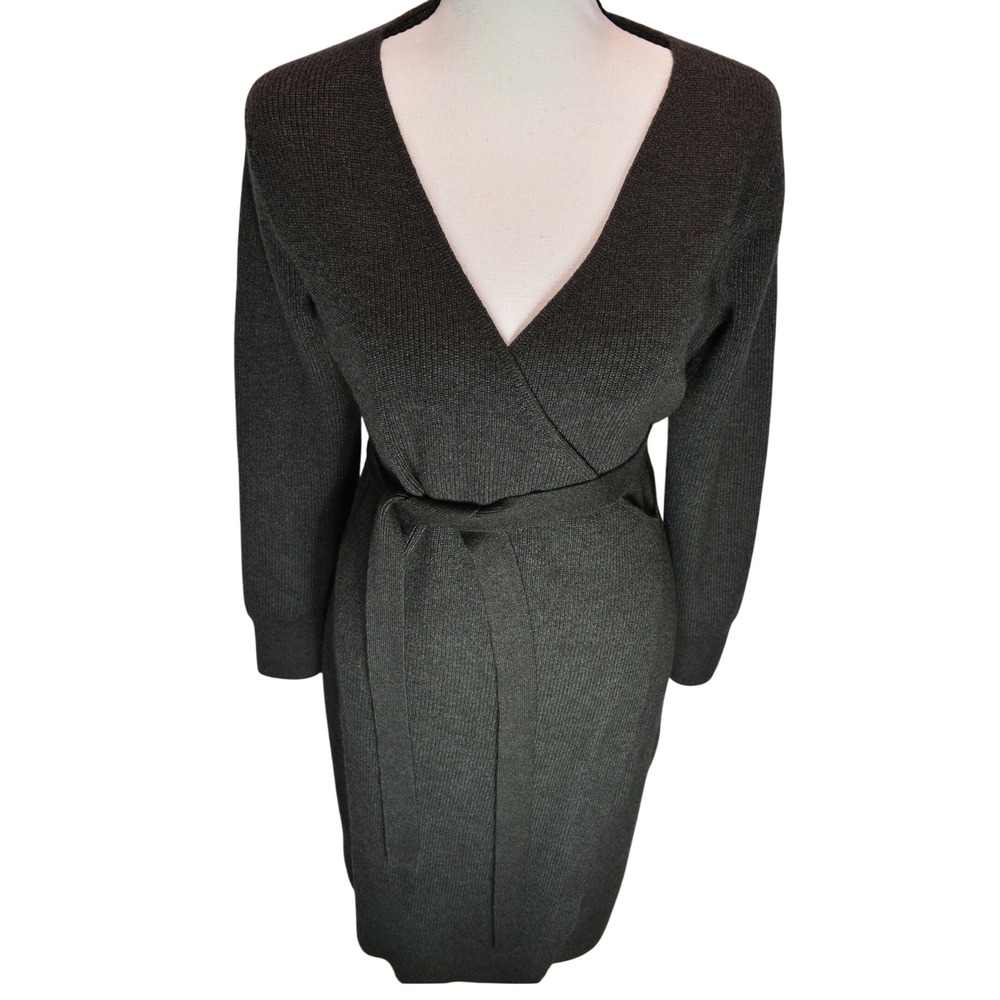 Abercrombie & Fitch Ribbed Knit Wrap Belted Midi Sweater Dress char Grey Large